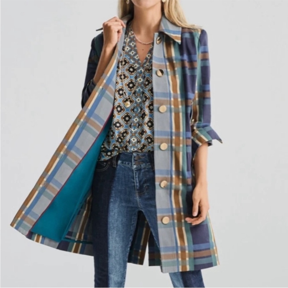 Cabi Women Highclere Trench Coat Size XS blue green plaid